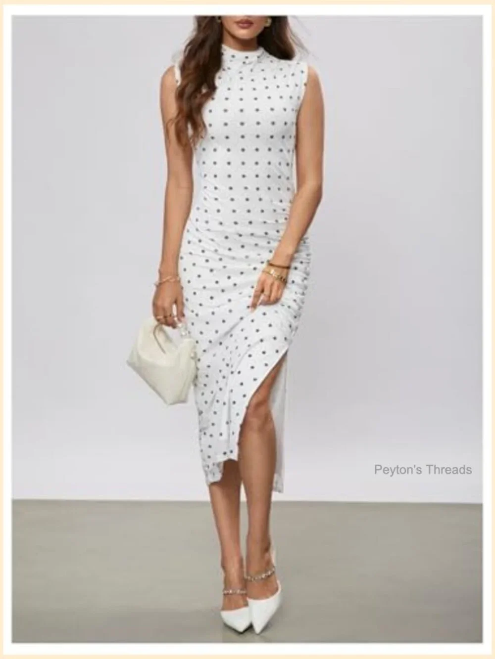 Polka Dots Sleeveless Ruched Bodycon Midi Dress Mock Neck Slit Thigh - Picture 5 of 5